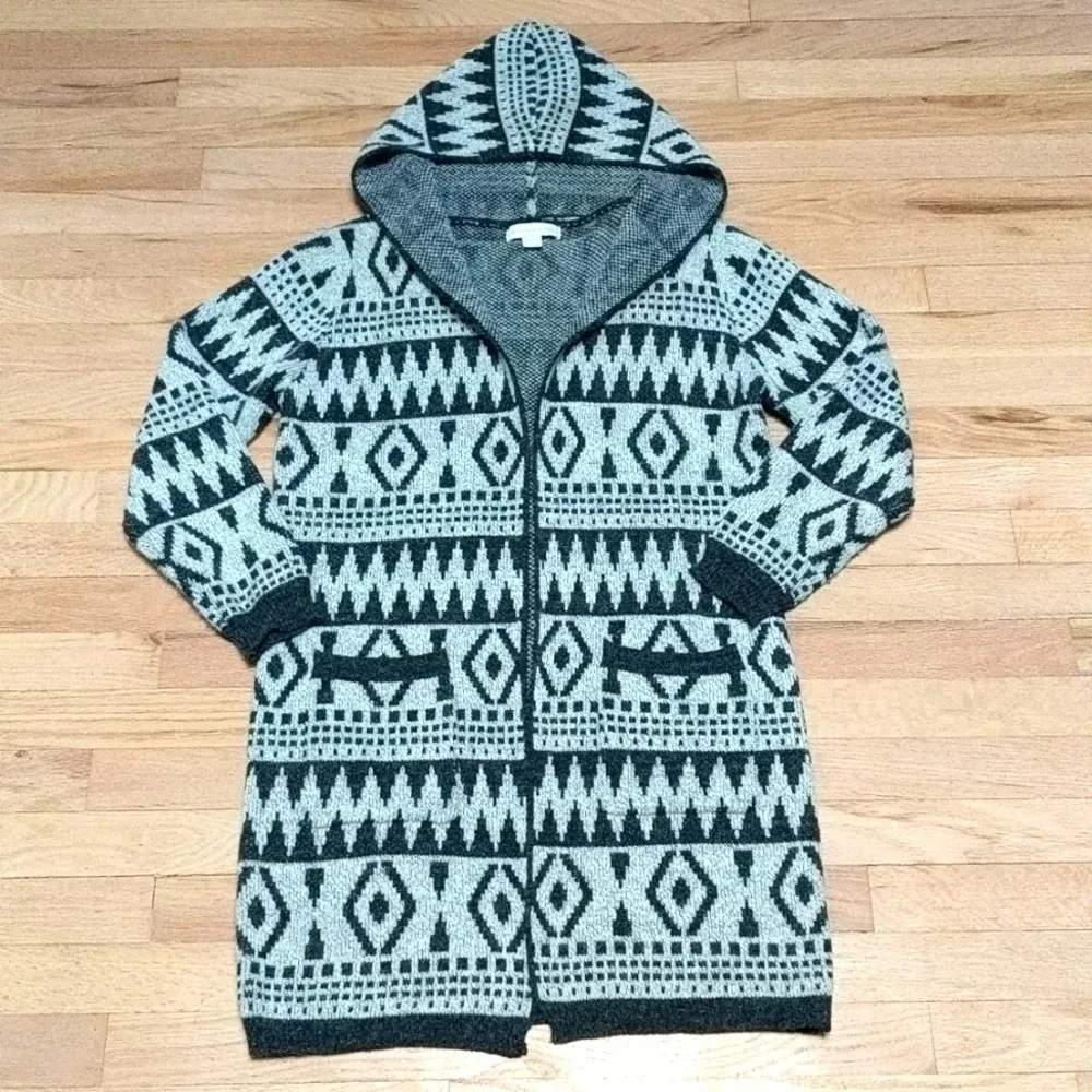 Monteau Boho Knit Open Front Hooded Duster Cardigan Medium